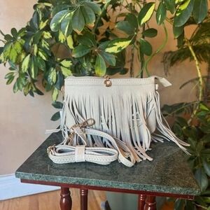 Fringe Leather Crossbody Bag - Cream